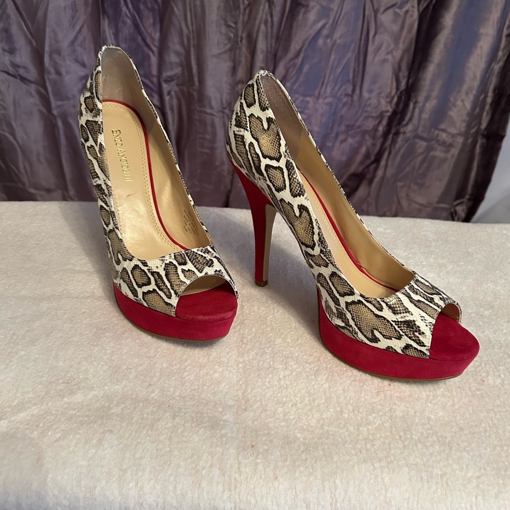 Elegant Red and Animal Print Peep Toe Heels